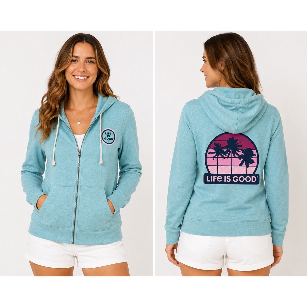 Life is Good Simply True Hoodie Womens L Get Away Palms Blue NWT $62 Zip Up